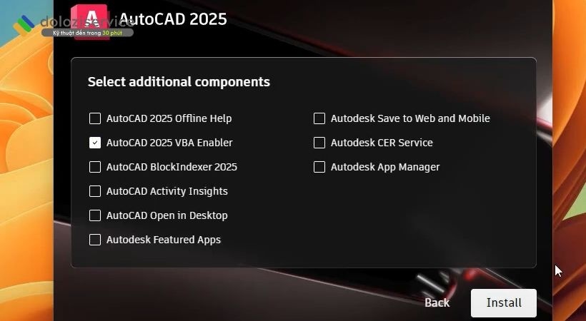 Tích chọn Autocad 2025 VBA Enabler sau đó nhấn Install Tích chọn Autocad 2025 VBA Enabler sau đó nhấn Install