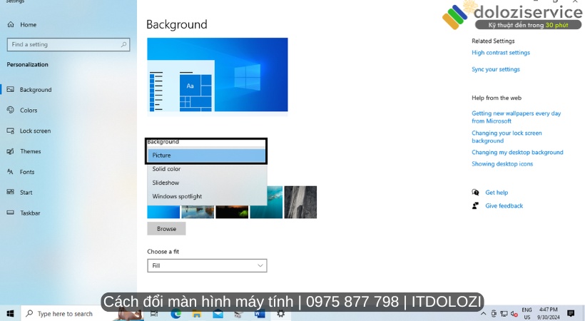 Chọn Picture để thay đổi hình nền Chọn Picture trong mục Background
