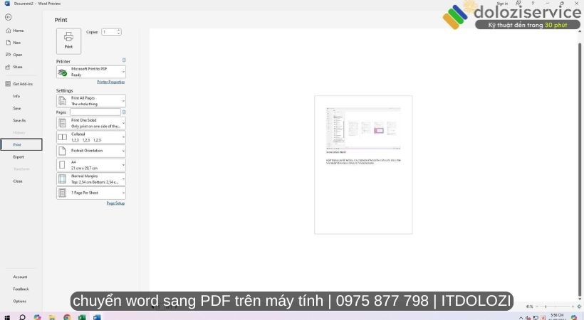 Bấm print để chuyển word sang PDF trên máy tính