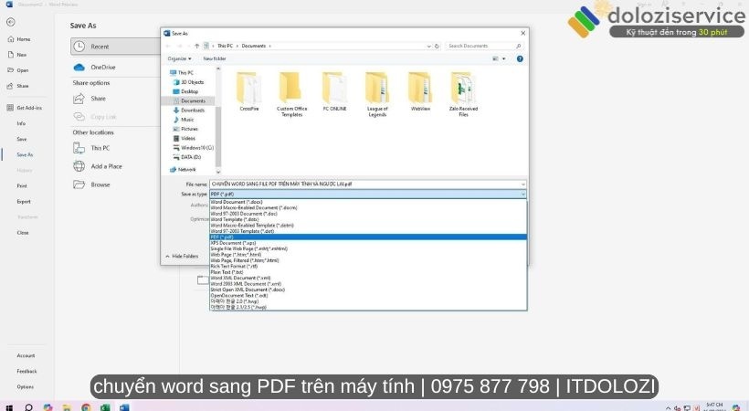 Tại mục save as type chọn dòng đuôi .pdf