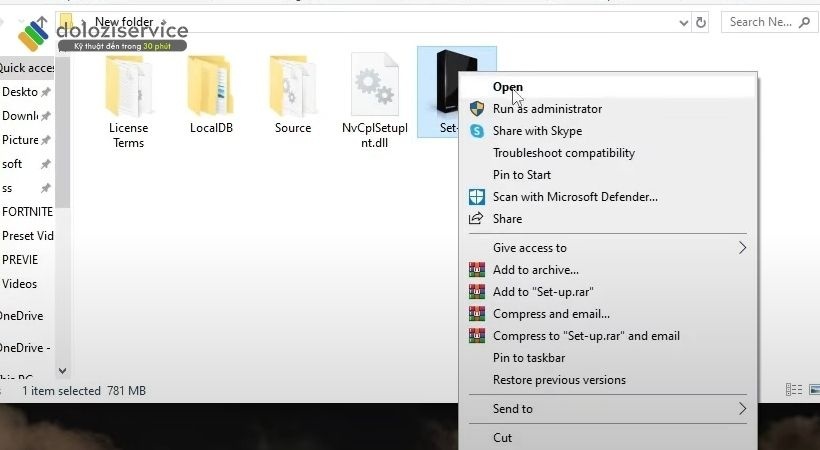 Chạy file setup dưới quyền admin