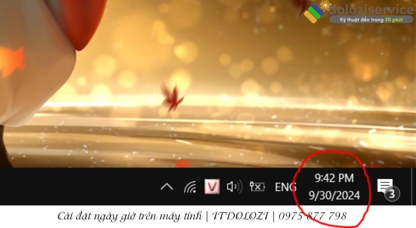 Click chuột phải vào đồng hồ ở dưới góc phải màn hình để cài đặt ngày giờ trên máy tính