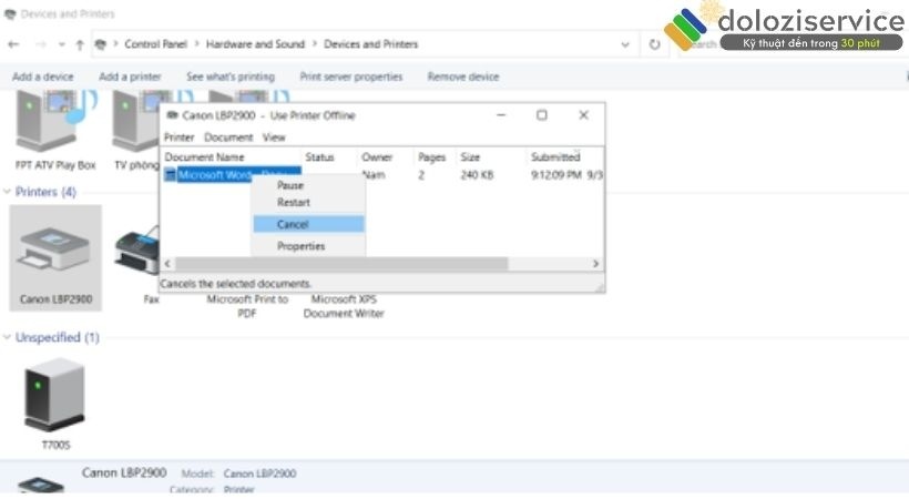 Chọn Printer và chọn Cancel All Documents để hủy toàn bộ lệnh in.