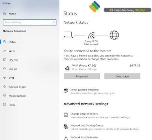 Trong settings sẽ xuất hiện hộp thoại như hình chọn “Change adapter options” để kết nối máy tính với máy photocopy
