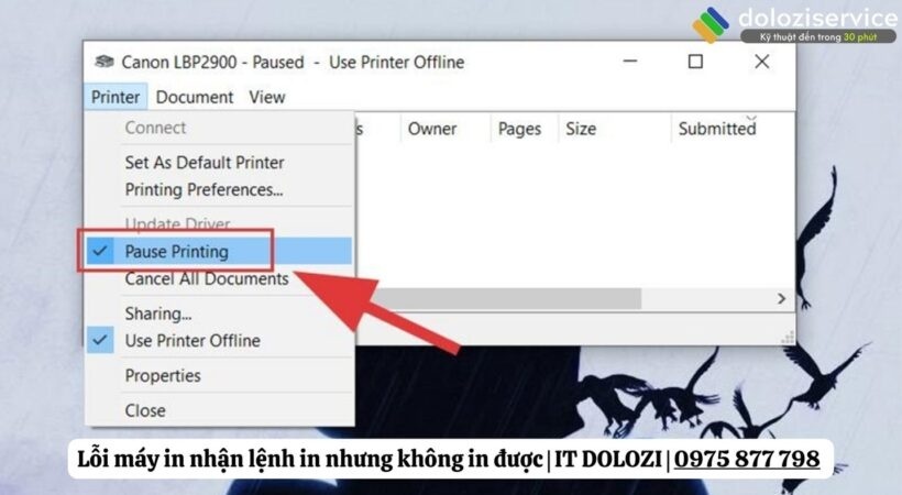 Máy in nhận lệnh in nhưng không in được vào Printer sau đó bỏ tích Pause Printing