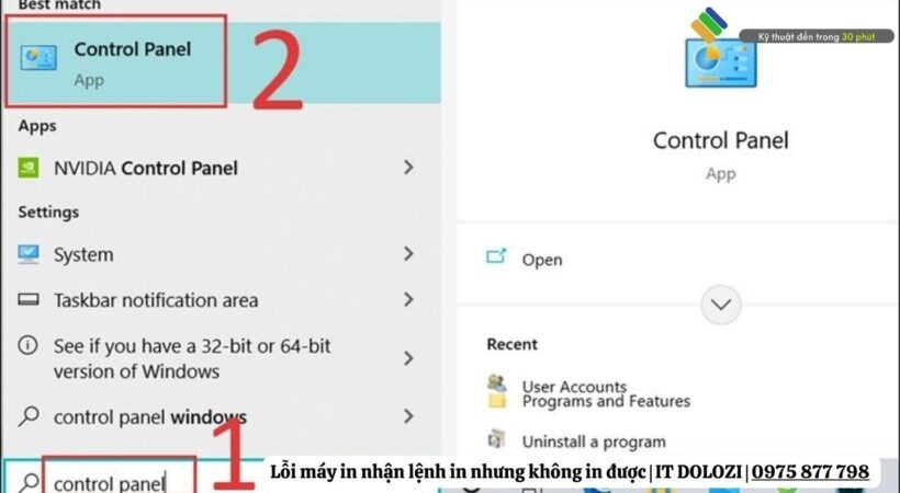 Máy in nhận lệnh in nhưng không in được gõ tìm kiếm control panel _ Truy cập vào Control Panel