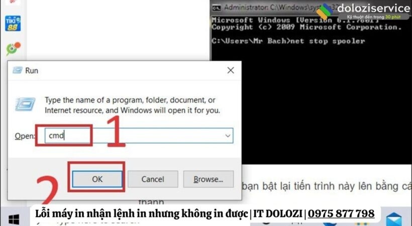 Máy in nhận lệnh in nhưng không in được nhấn tổ hợp phím Windows + R, gõ cmd _ Nhấn OK