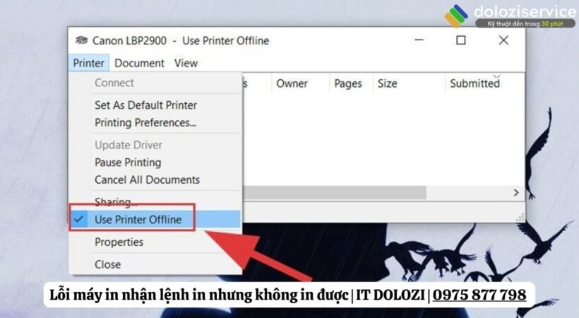Bỏ tích dấu Use Printer Offline