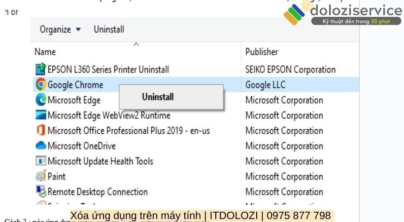 Chọn vào ứng dụng muốn xóa click chuột phải rồi chọn uninstall Chọn vào ứng dụng muốn xóa click chuột phải rồi chọn uninstall