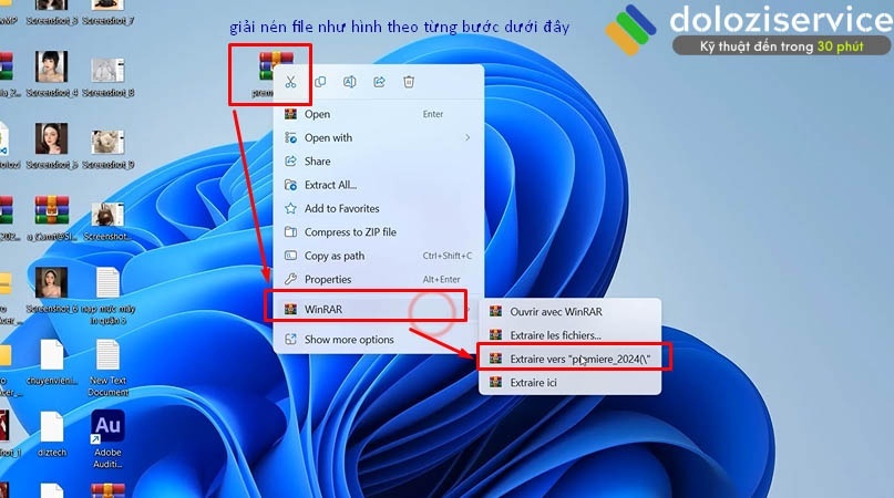 Tiến hành giải nén file nén Adobe Premiere 2024.