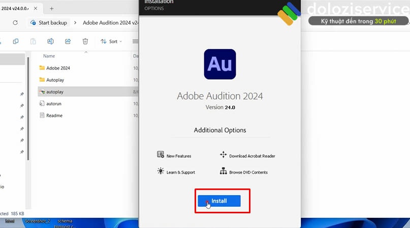 Chọn Install Adobe Audition 2024 để bắt đầu cài đặt