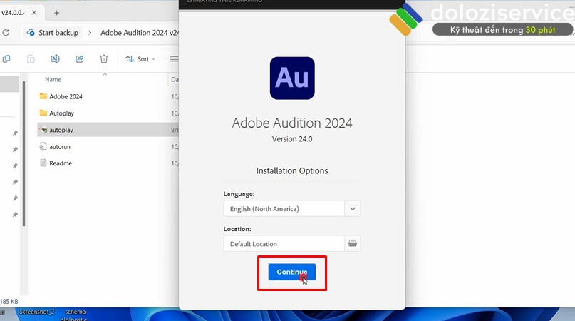 Chọn Continue để tiếp tục cài đặt Adobe Audition 2024