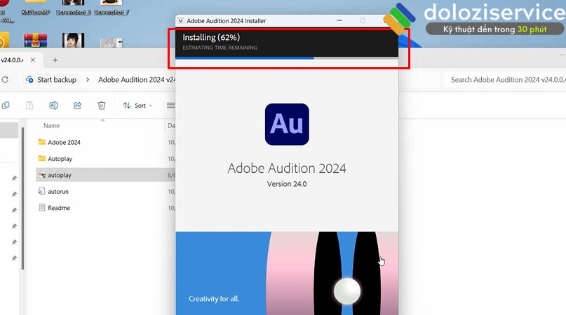 Đợi phần mềm hoàn tất cài đặt Adobe Audition 2024