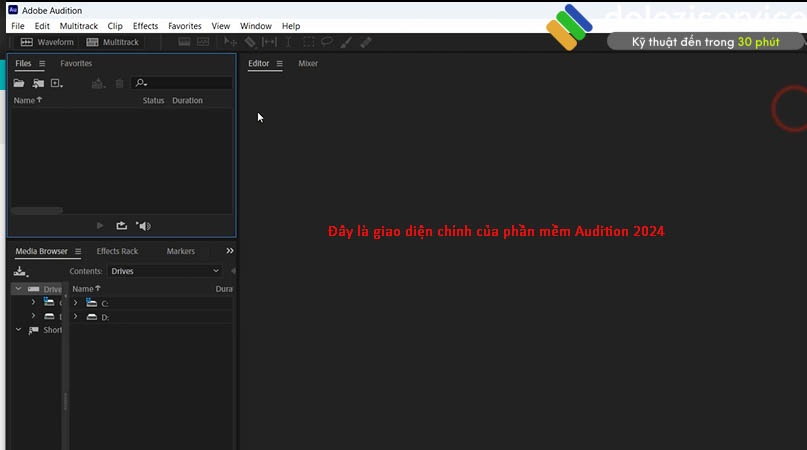 Giao diện chính của Adobe Audition 2024 sau khi cài đặt