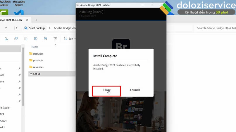 Chọn Close để hoàn thành cài đặt Adobe Bridge 2024