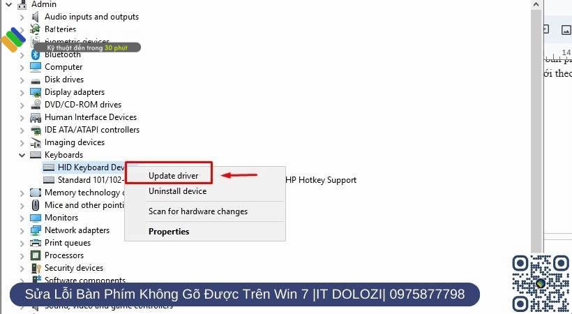 Ở mục Device Manager chọn vào Keyboards và ấn chuột phải chọn phần Update Driver.