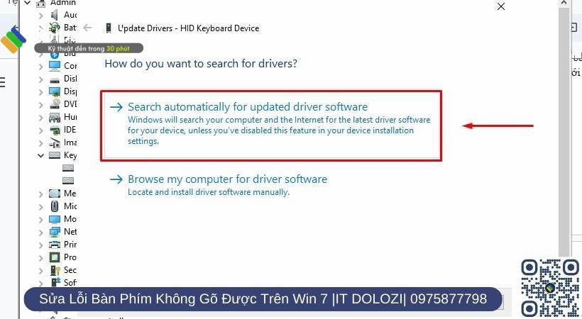 Chọn vào “ Search automatically for updated driver software, Windows ” để tự động tìm kiếm và cập nhật bản Driver.