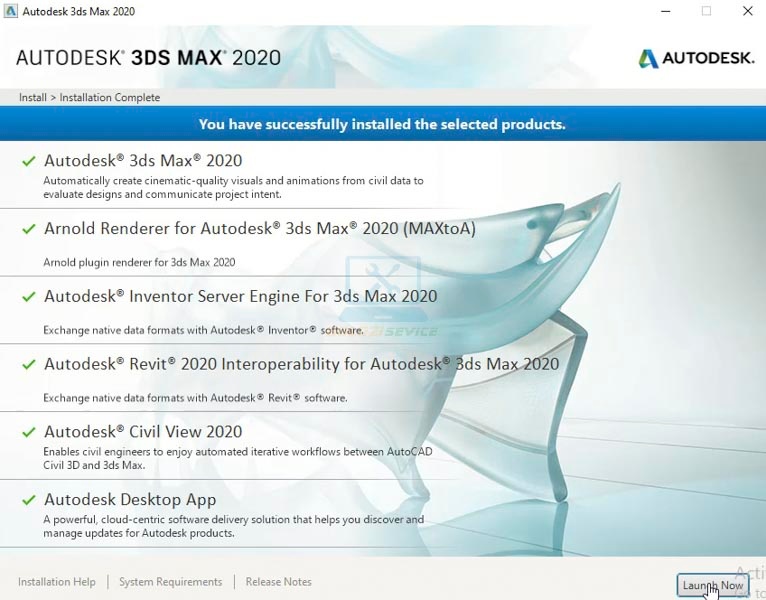 Hoàn tất cài đặt 3DS Max 2020 ta chọn Launch Now