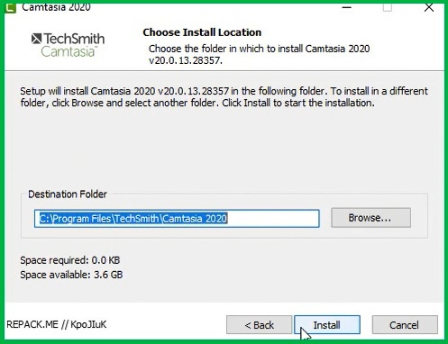 Nhấn Install để cài đặt Tải Camtasia 2020 Full Crack