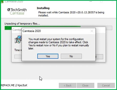 Khởi động lại máy tính Camtasia 2020