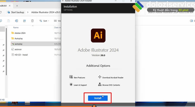 Chọn Install để tiếp tục cài đặt Adobe Illustrator 2024 Chọn Install để tiếp tục cài đặt Adobe Illustrator 2024