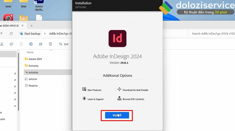 Tiến hành chọn Install Adobe Indesign 2024.