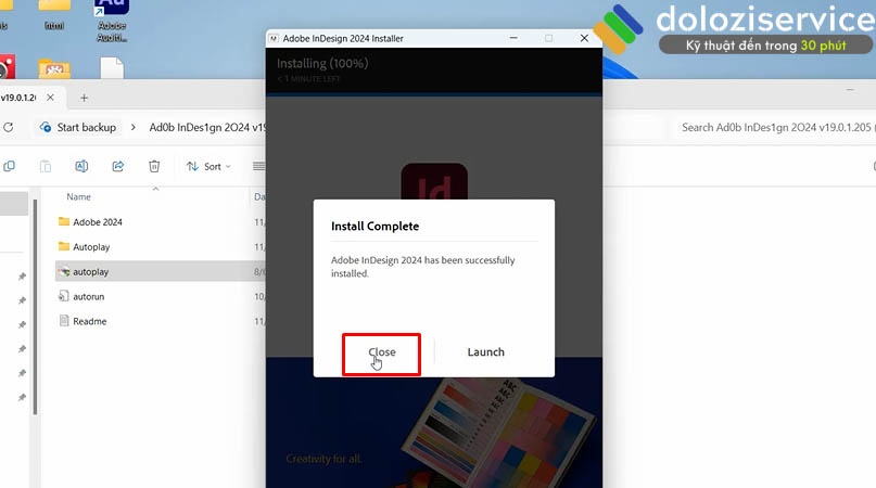 Tiến hành chọn Close hoàn thành cài đặt Indesign 2024.
