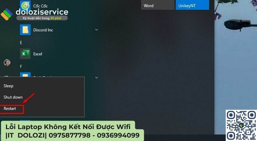 Khởi động lại máy tính để hệ thống ghi nhận thay đổi lổi laptop không kết nối được wifi