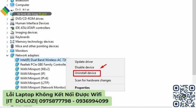 Sau đó hãy nhấp chuột phải vào Wifi driver để chọn mục Uninstall device.