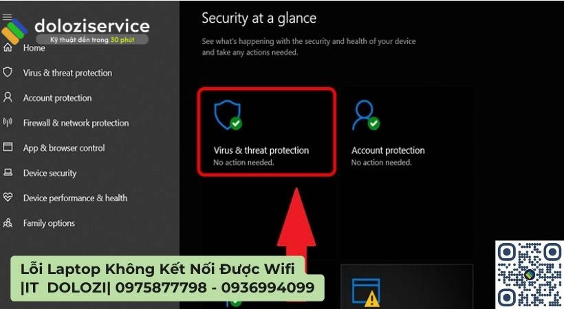 Chọn Virus & threat protection lổi laptop không kết nối được wifi