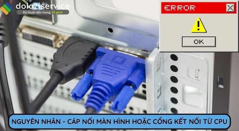 Dây cáp nối màn hình hoặc cổng kết nối từ CPU chưa được kết nối. Màn hình tắt do dây cáp nối màn hình hoặc cổng kết nối từ CPU