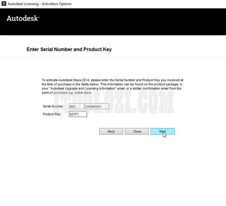 Nhập số Serial Number: 666-69696969 và Product Key: 657F1 cho phần mềm Autodesk Maya 2014 sau đó nhấn Next