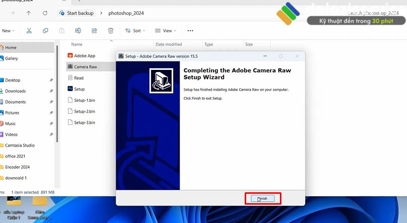 Tiến hành chọn Finish hoàn thành cài Adobe Photoshop 2024.
