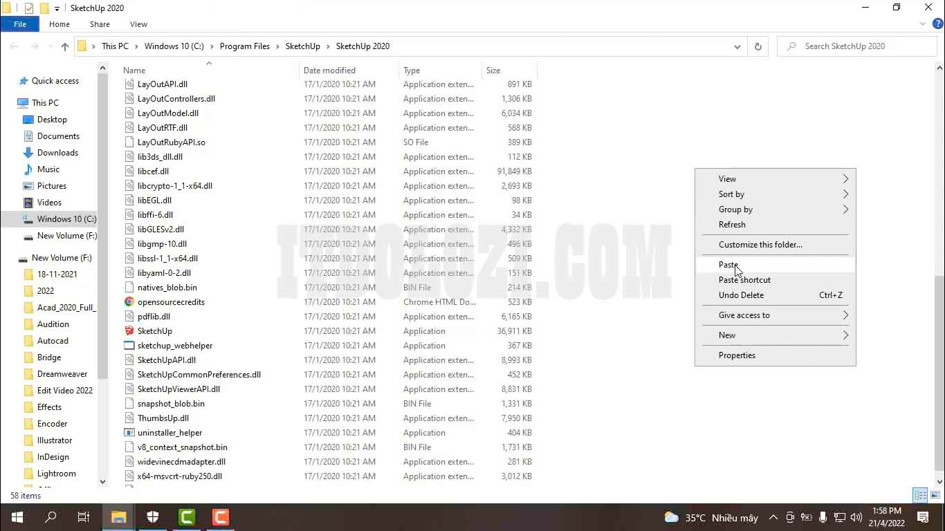 Dán 3 File vừa Copy vào thư mục cài đặt Sketchup 2020 Dán 3 File vừa Copy vào thư mục cài đặt Sketchup 2020