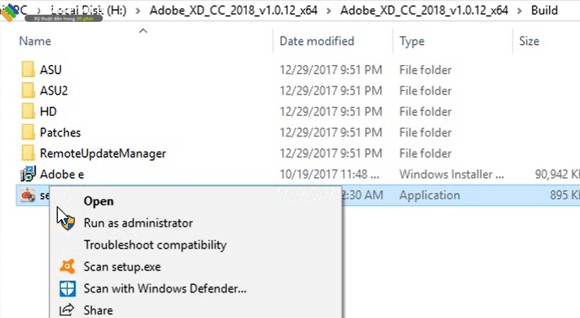 Chạy file setup Adobe XD 2018 dưới quyền admin