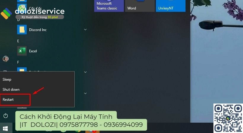 Click vào Power chọn Restart Cách khởi động lại máy tính