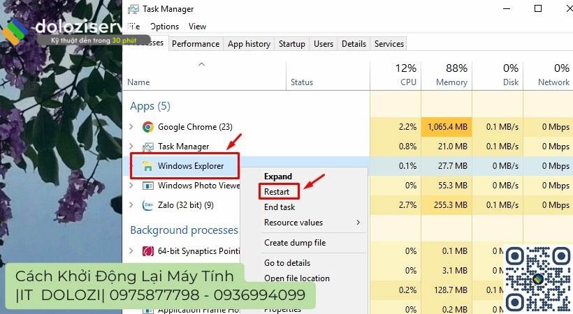chọn Windows Explorer và nhấn Restart