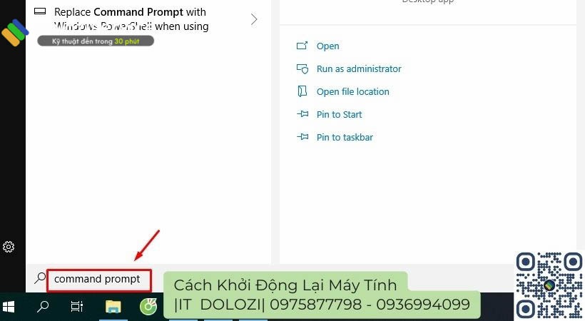 Start và gõ Command Prompt Cách khởi động lại máy tính