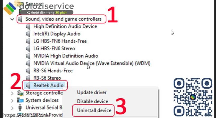 Chọn Sound, video and game controllers Click chuột phải vào phần biểu tượng Realtek Audio Chọn mục Uninstall device.