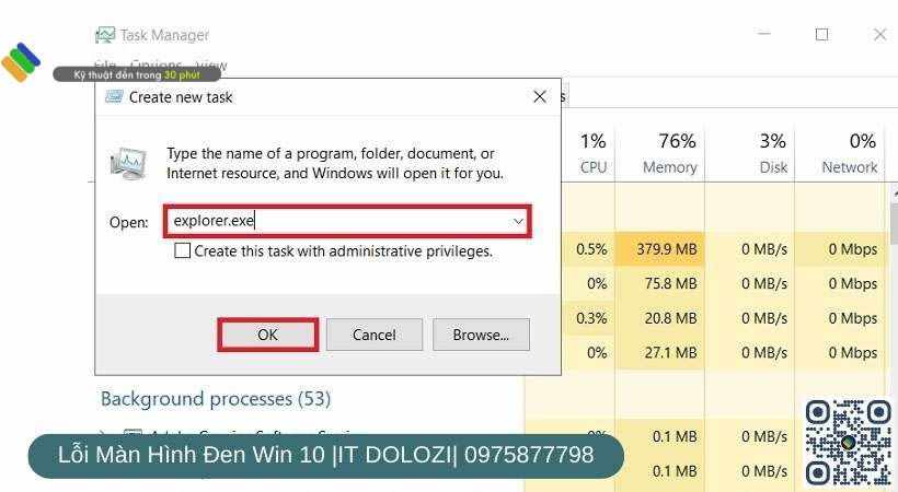 nhập “explorer.exe” -> nhấn OK (bắt đầu tiến hành chạy lại Windows Explorer cho Windows).
