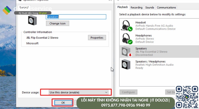 Chọn vào Playback => Click chuột phải vào Speakers => Chọn mục Properties