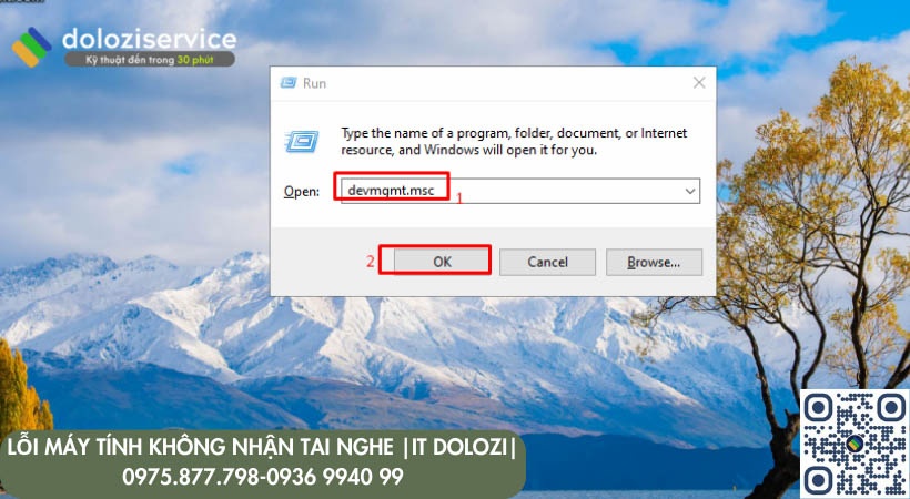 Ấn chọn tổ hợp phím tắt “Window + R” => Gõ text “devmgmt.msc” => Chọn vào OK.