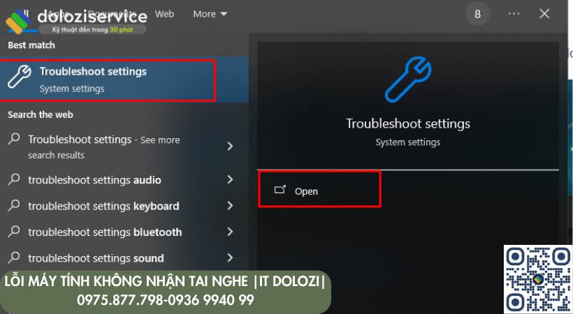 Máy tính không nhận tai nghe Tìm Troubleshoot settings sau đó chọn OK