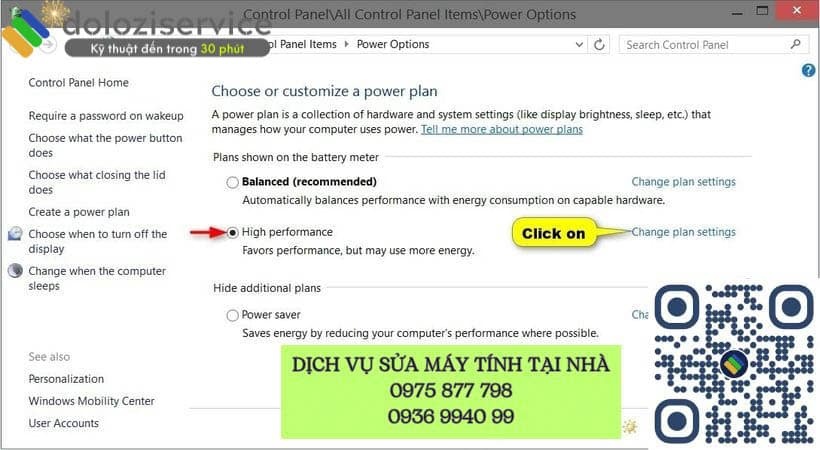 mở cửa sổ Power Options