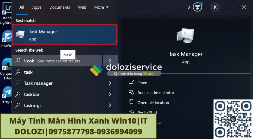 Đầu tiên hãy chọn tổ hợp phím “Windows + S” cửa sổ “Search” xuất hiện. Sau đó bạn thực hiện tìm kiếm và mở mục Task Manager.