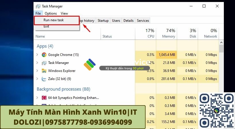 Vào mục File rồi chọn mục Run new task để sửa máy tính màn hình xanh win10