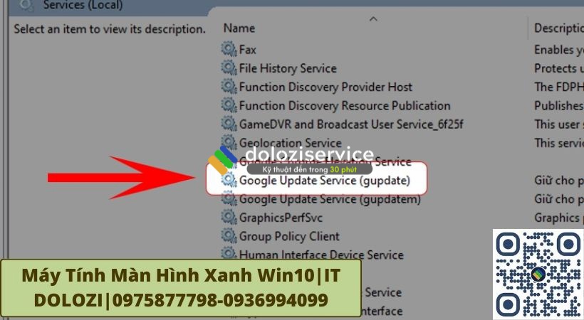 Ở phần cửa sổ Services kéo xuống tìm rồi chọn Google Update Service.
