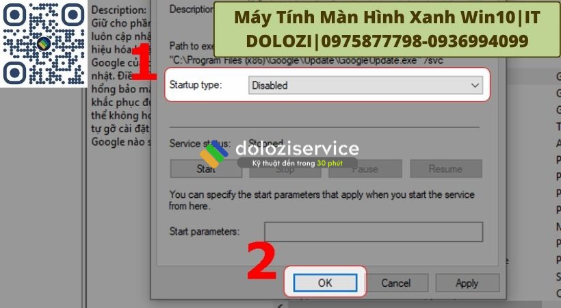 Tại mục Startup type đổi thành Disabled sau đó nhấn chọn OK để sửa máy tính màn hình xanh win10