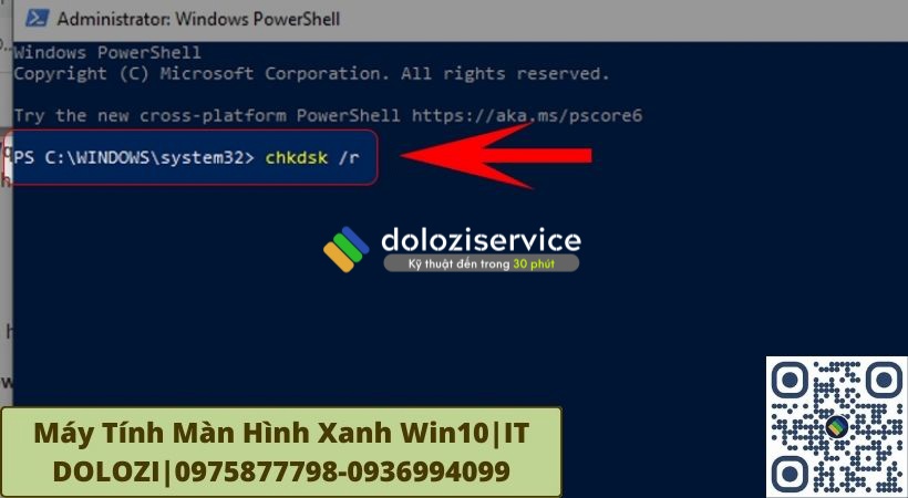 Nhập lệnh chkdsk /r rồi ấn Enter để xem lổi ổ đĩa hệ thống.