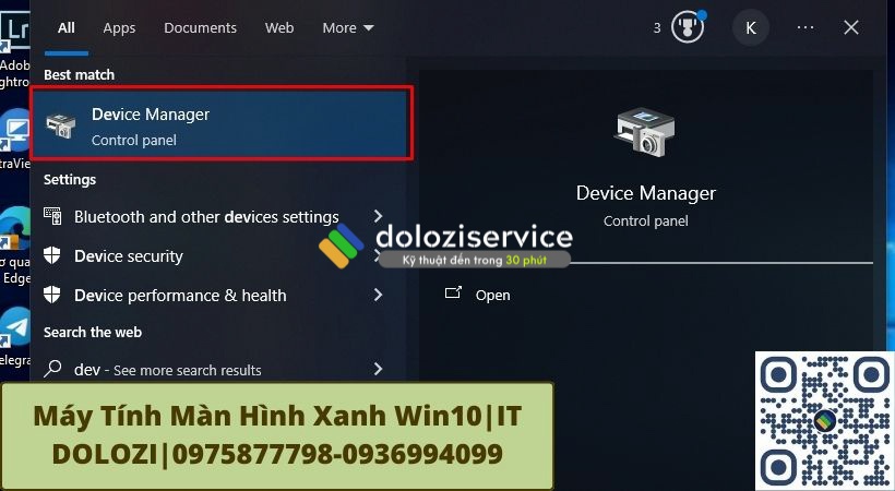 Đầu tiên bạn gõ tìm Device Manager trên thanh tìm kiếm ở Taskbar để khắc phục máy tính màn hình xanh win10